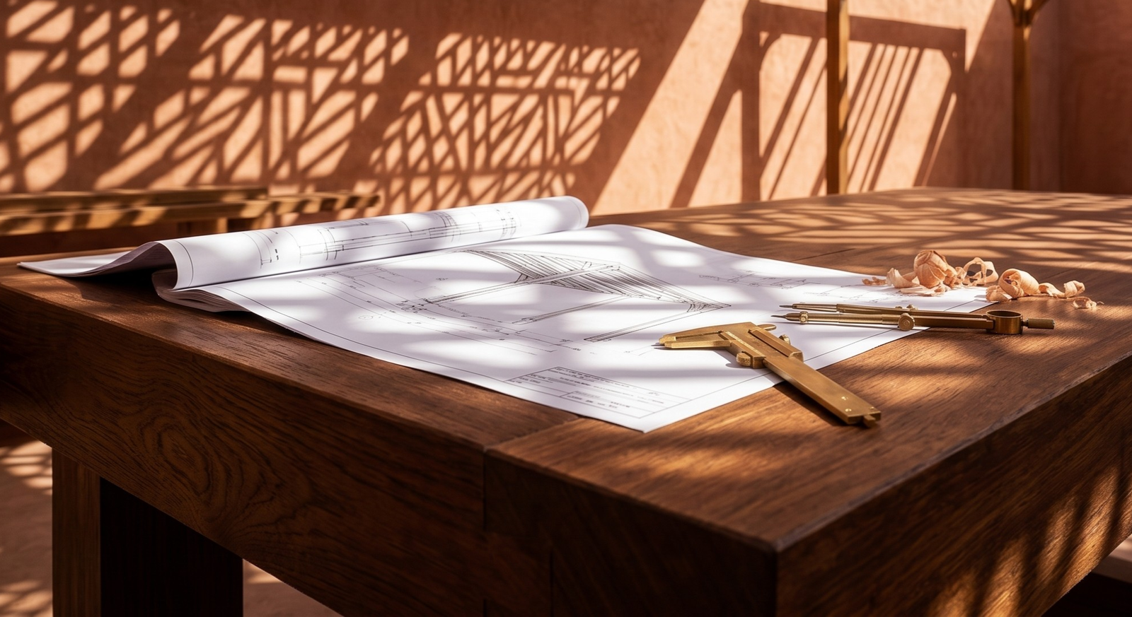 Table d'architecte Isary Ombra — plans et coupes d'une pergola Iroko sur mesure à Marrakech
